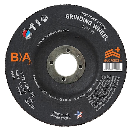 Bullard Abrasives Bullard Depressed Center Grinding Wheels, 4 1/2X1/4X5/8-11, Type 27 21468